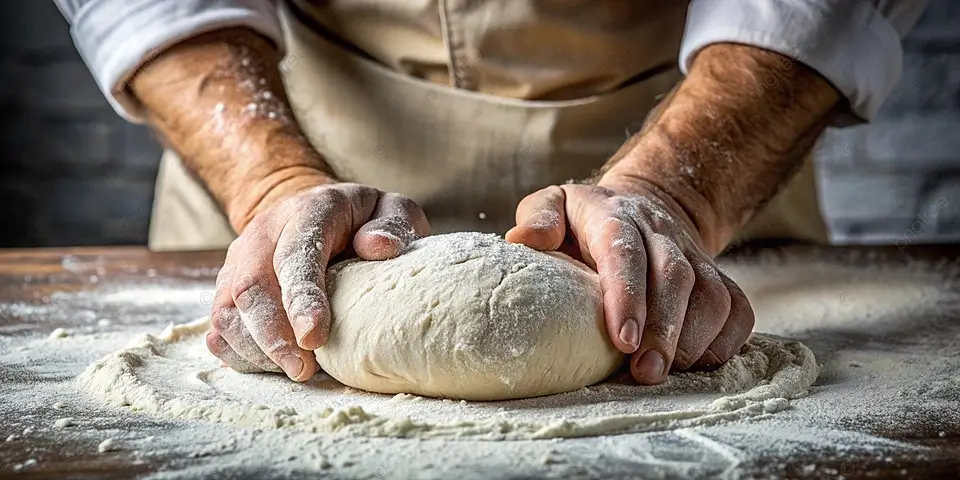 A baker's hands dusting a wooden surface with high-quality flour.